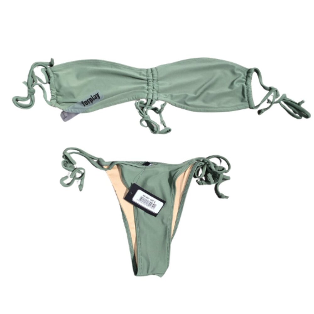 NWT | Forplay Sage Green Bikini Set | Bandeaux Top & Side Tie Bottoms | Large